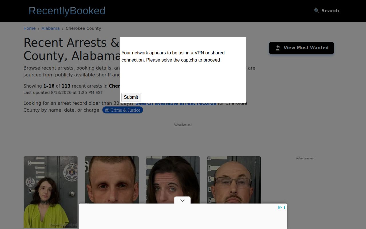 Unofficial Recently Booked Cherokee County mugshot section used to document third-party publishing