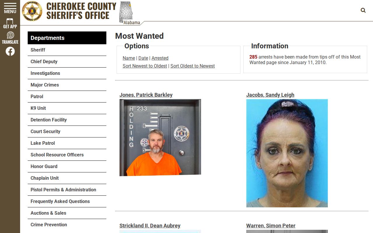 Cherokee County Sheriff's Office most wanted list interface with photo-bearing wanted profiles