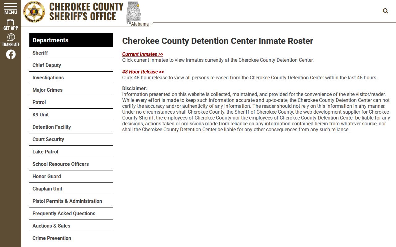 Cherokee County jail roster current and 48 hour release choices