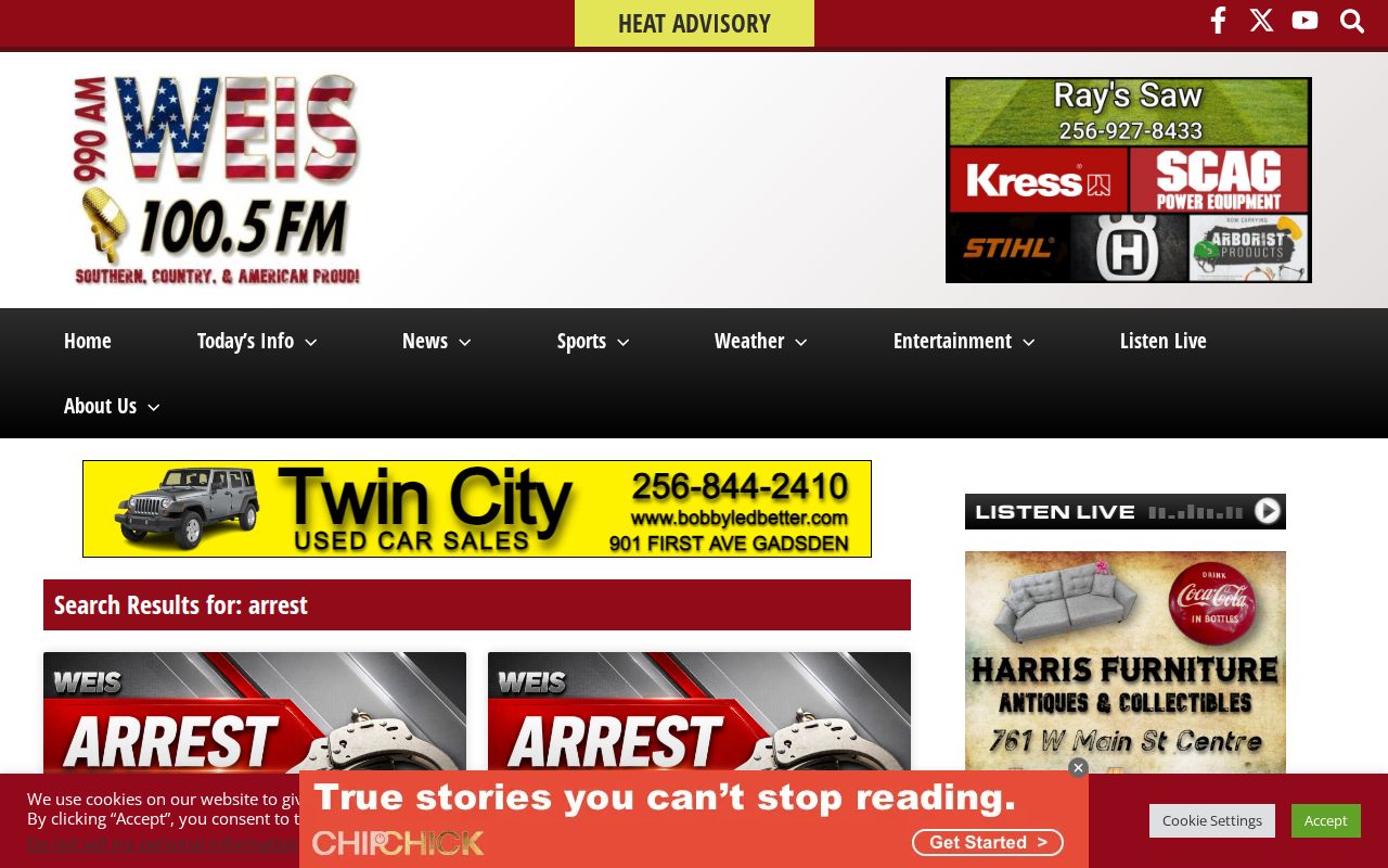 WEIS Radio Cherokee County arrest news archive showing recurring local Arrest Files