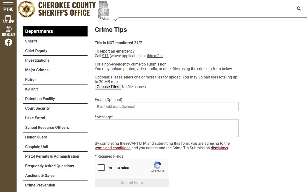 Cherokee County Sheriff's Office crime tip form and notice that it is not monitored continuously
