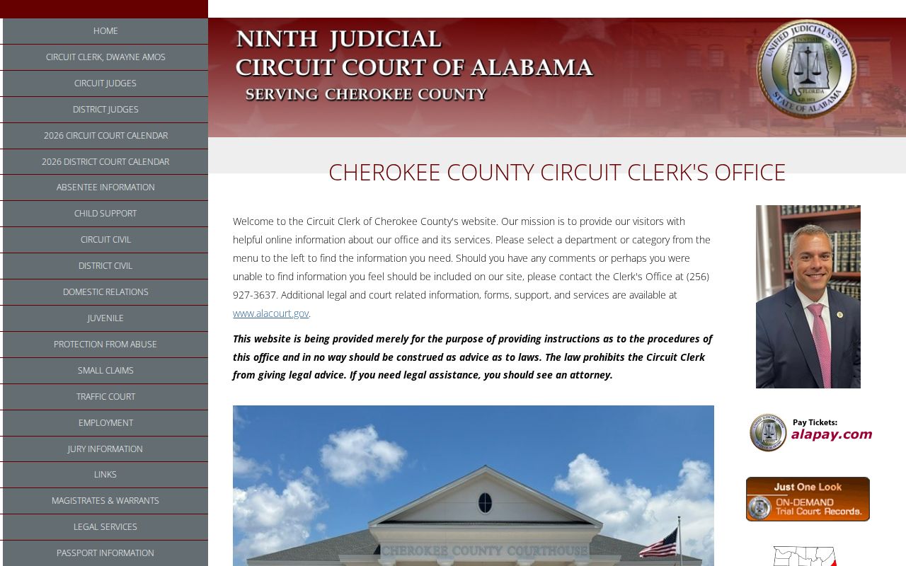 Cherokee County Circuit Clerk official court page used for warrant checks and case disposition